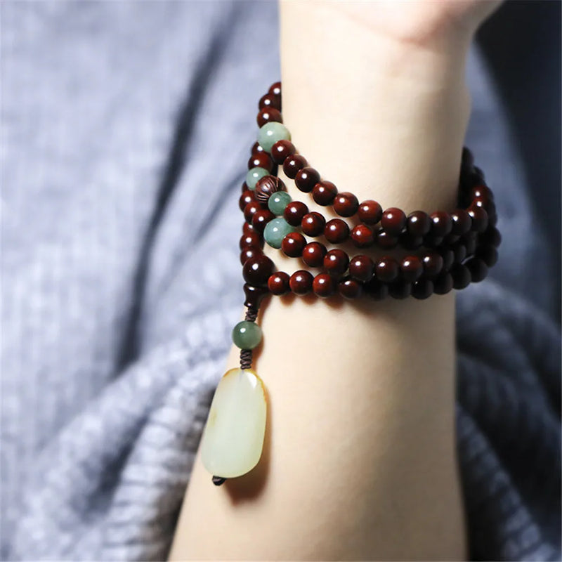 Red Sandalwood Bracelet with Jade Pendant & Green Agate Rosary
