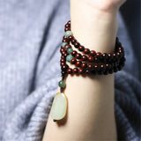 Red Sandalwood Bracelet with Jade Pendant & Green Agate Rosary