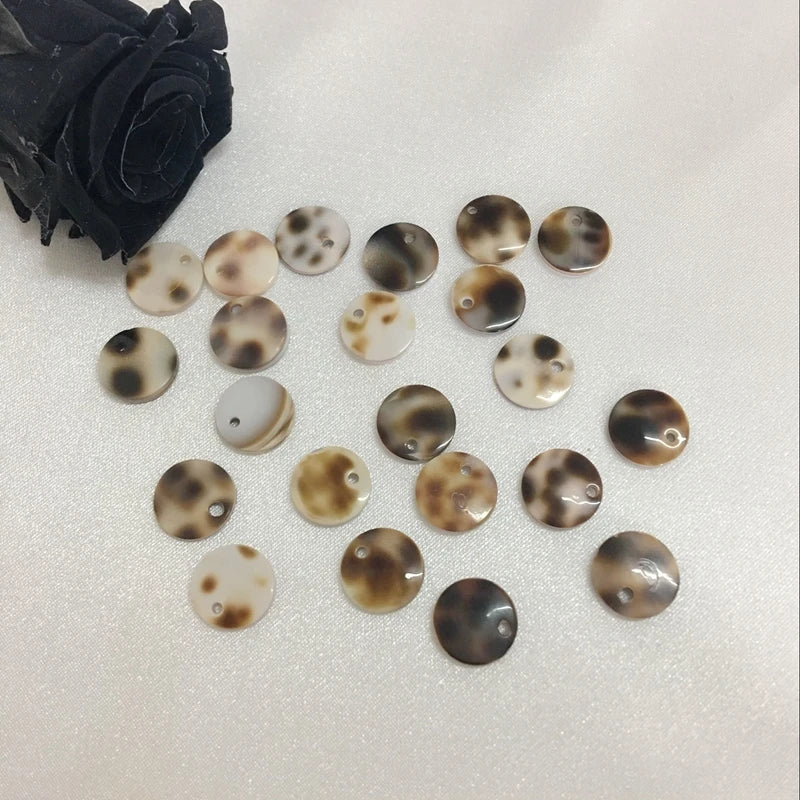 Natural Tiger Cowrie Shell Beads Flat Round Stone Charms