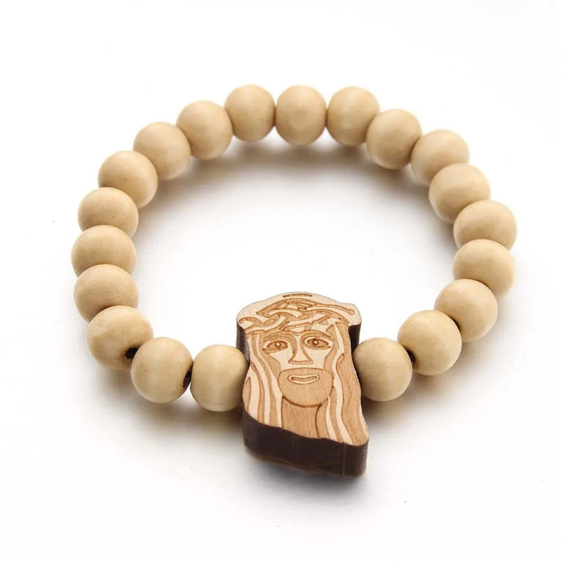 10MM Elastic Wood Bead Ethnic Chain Bracelet African Map Bird Panda Jesus Gift