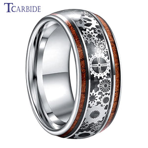 10MM Tungsten Wedding Ring Gear Wheel Wood Inlay Polished Gift