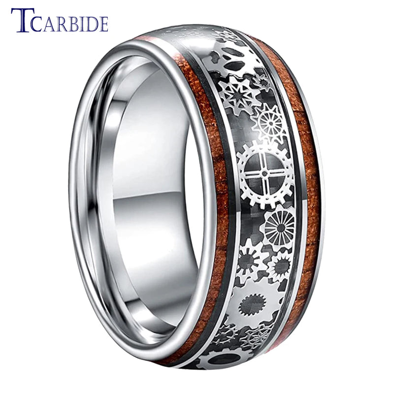 10MM Tungsten Wedding Ring Gear Wheel Wood Inlay Polished Gift