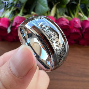 10MM Tungsten Wedding Ring Gear Wheel Wood Inlay Polished Gift