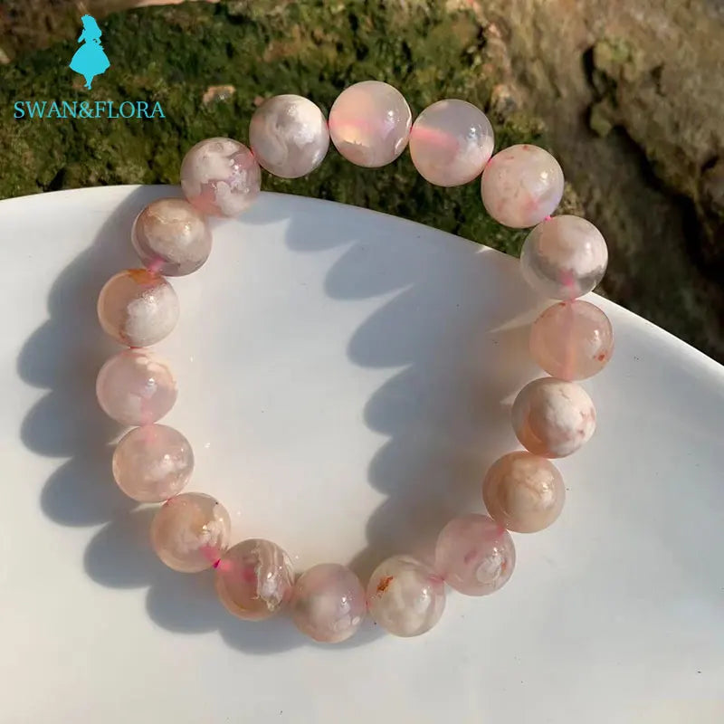 10MM Natural Cherry Blossom Agate Bracelet Round Beads Crystal Gemstone Jewelry