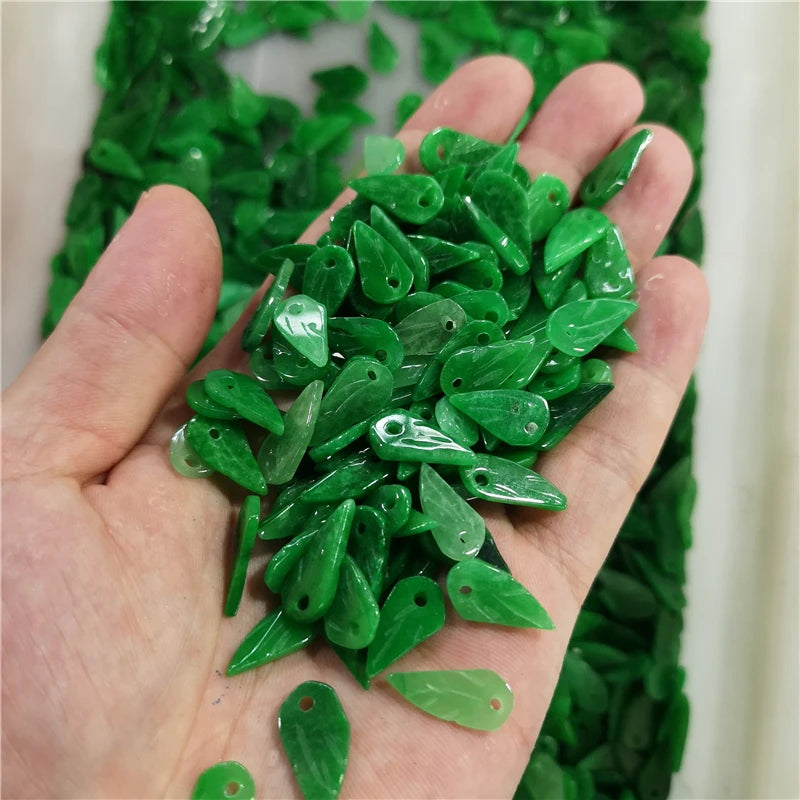 10PC Green Jade 10mm Leaf Bead Charm DIY Bangle Luck Amulet