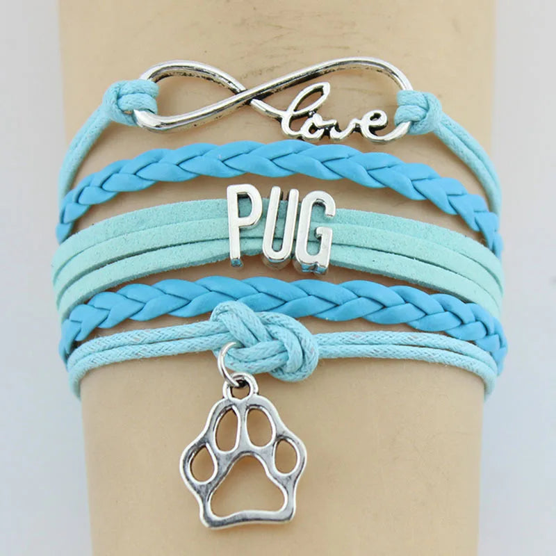 10PC/lot Pug Mom Paw Charm Wrap Bracelets Animal Bracelet Women & Men