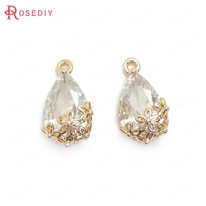 10PCS 10x16MM Champagne Brass Glass Flower Drop Shape Charms Pendants
