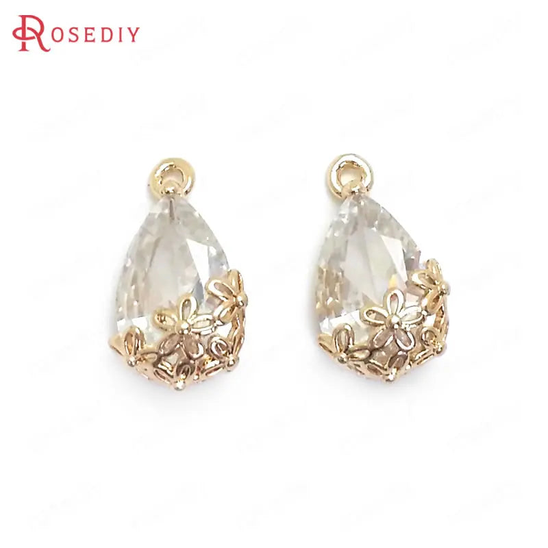 10PCS 10x16MM Champagne Brass Glass Flower Drop Shape Charms Pendants