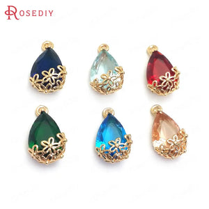 10PCS 10x16MM Champagne Brass Glass Flower Drop Shape Charms Pendants