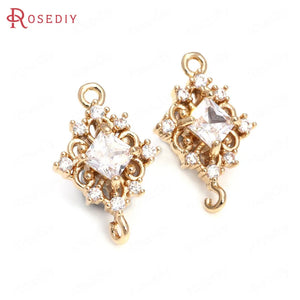 10PCS 11x17MM Champagne Brass Zircon 2 Holes Rhombus Charms Pendants