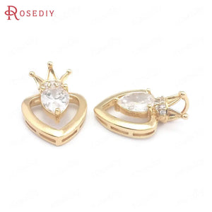 10PCS 14x21MM Champagne Brass Zircon Glass Crown Heart Charms Pendants