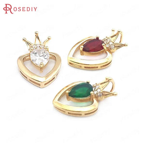 10PCS 14x21MM Champagne Brass Zircon Glass Crown Heart Charms Pendants