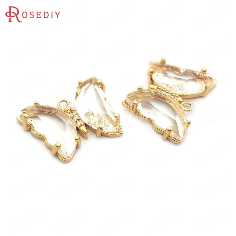 10PCS Champagne Brass Zircon Glass Butterfly Charms Pendants