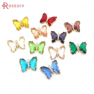 10PCS Champagne Brass Zircon Glass Butterfly Charms Pendants