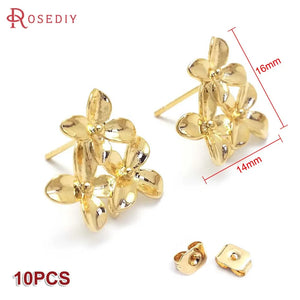 10PCS 16x14MM Brass Flower Stud Earrings Pins Jewelry Making