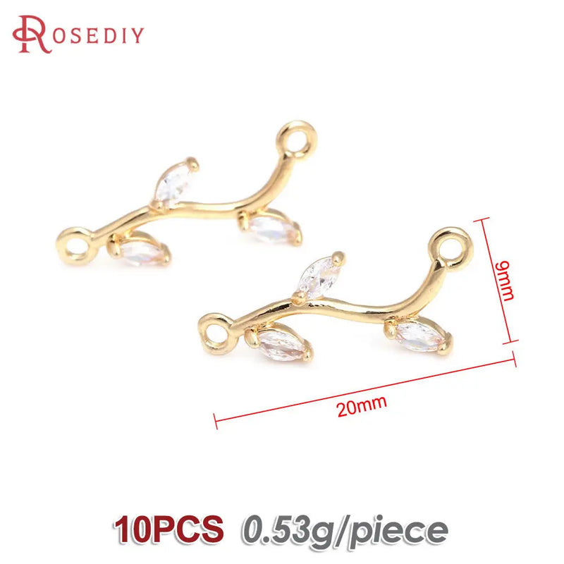 10PCS 18K Brass Zircon 2 Holes Tree Leaf Connect Charms for Earrings