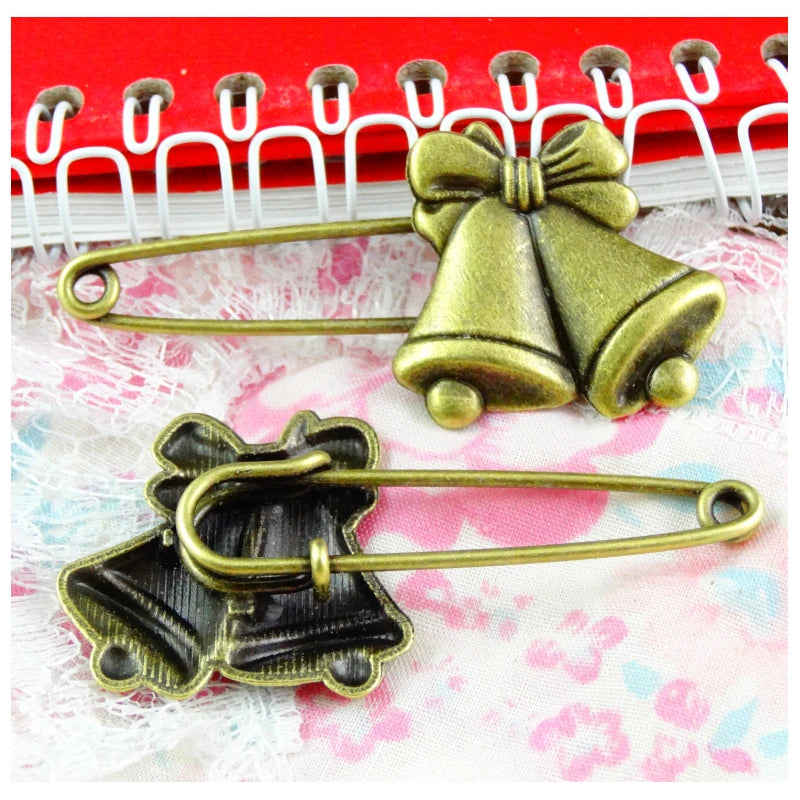 10PCS Antique Bronze Small Bell Brooch Pins DIY Jewelry Accessories