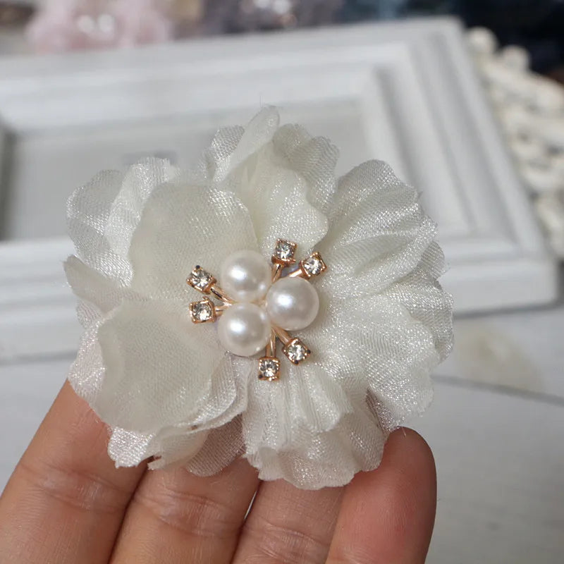 10PCS Chiffon Flowers Rhinestone Hair Accessories DIY Wedding Dress Home Decor