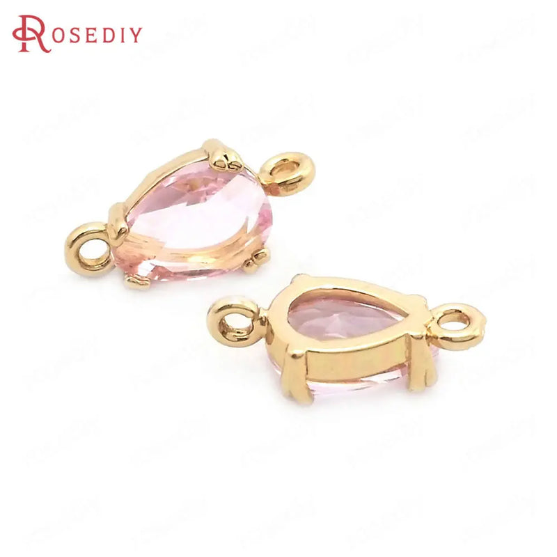 10PCS 6x8MM High Champagne Brass and Glass 2 Holes Tear Drop Shape Charms
