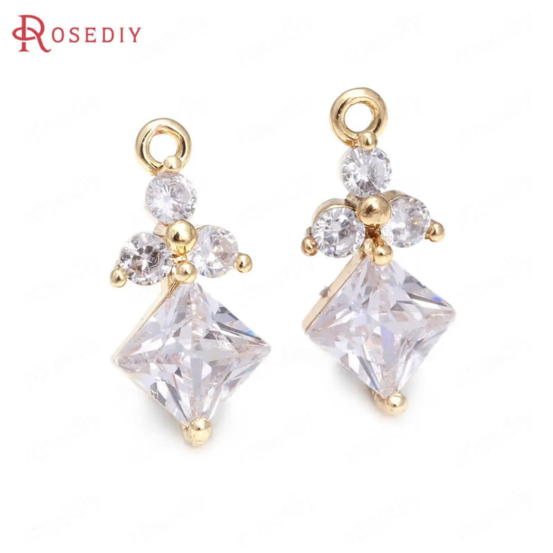 10PCS 8x17MM Champagne Brass Zircon Flower Square Charms Pendants