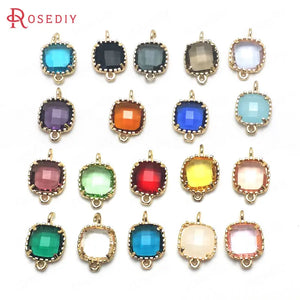 10PCS 9x14MM Champagne Brass Glass Square Connect Charms Pendants