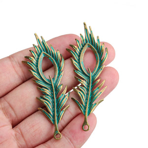 10PCS Bronze Boho Verdigris Phoenix Peafowls Feather Charms for Jewelry Making