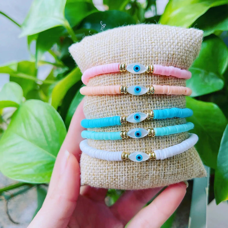 10PCS Evil Eye Shell Bracelets Colorful Beads Beach Summer Bracelets for Women