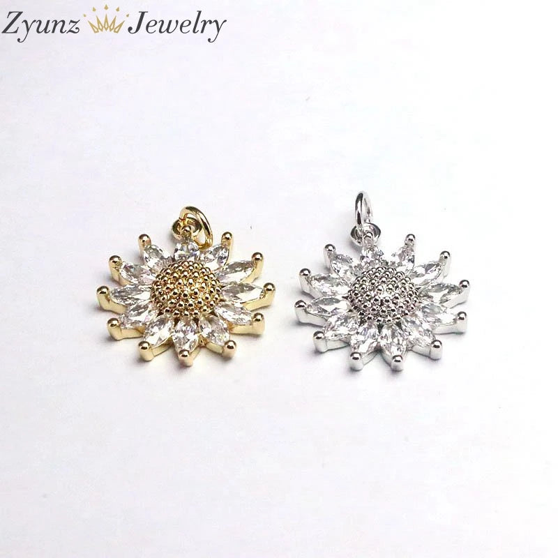 10PCS CZ Sun Flower Pendant Charms Jewelry Accessory