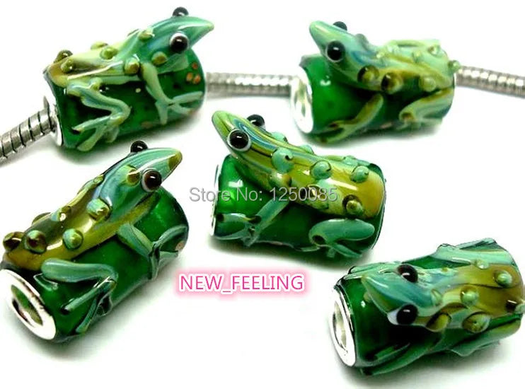 10PCS High Green Lizard Glass Beads Silver Plated for European Charms