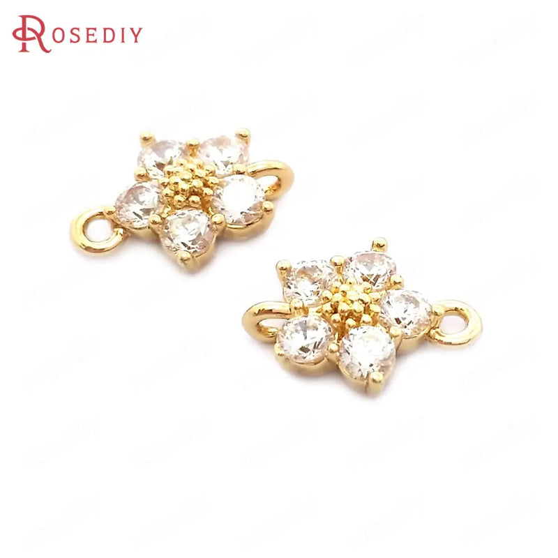 10PCS Champagne Brass Zircon Flower Connect Charms 2 Holes Pendants