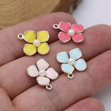 10PCS Enamel Flower Pearl Charm Pendant for Jewelry Making DIY Craft
