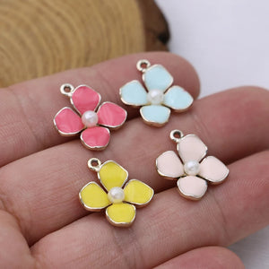 10PCS Enamel Flower Pearl Charm Pendant for Jewelry Making DIY Craft