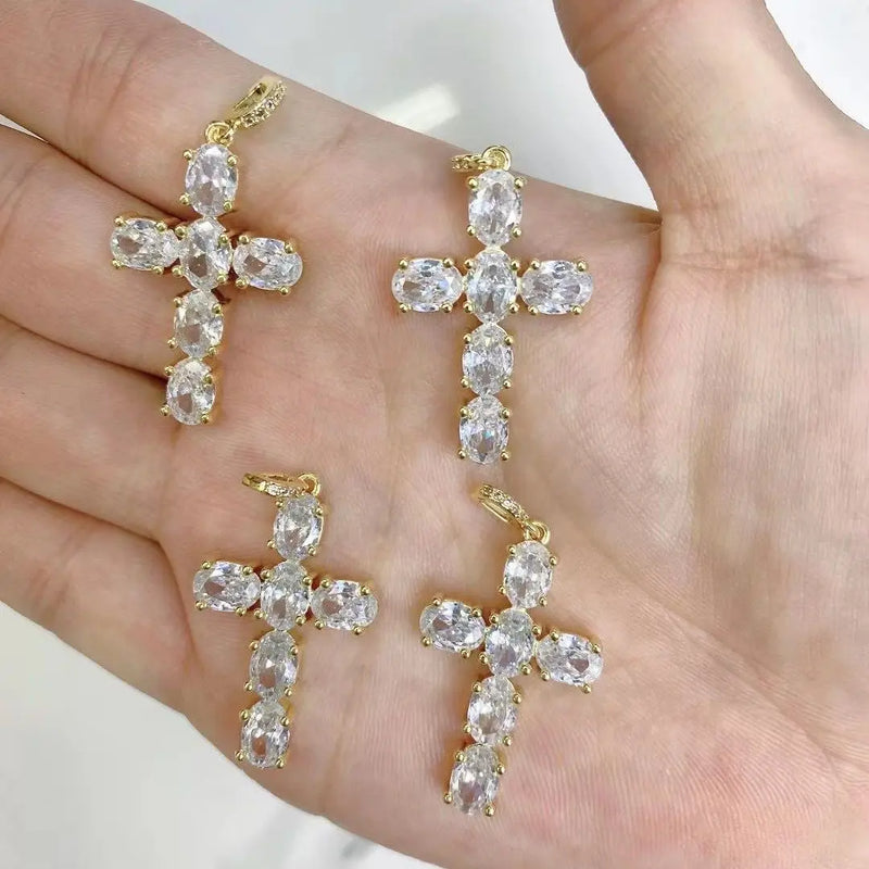 10PCS Gold Crystal Cross Neck Pendants Zircon Charms Pendant