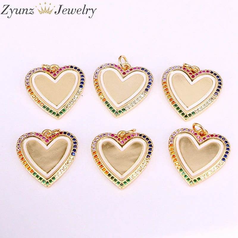 10PCS Rainbow CZ Heart Shaped Pendant, Micro Pave Setting Jewelry Charm