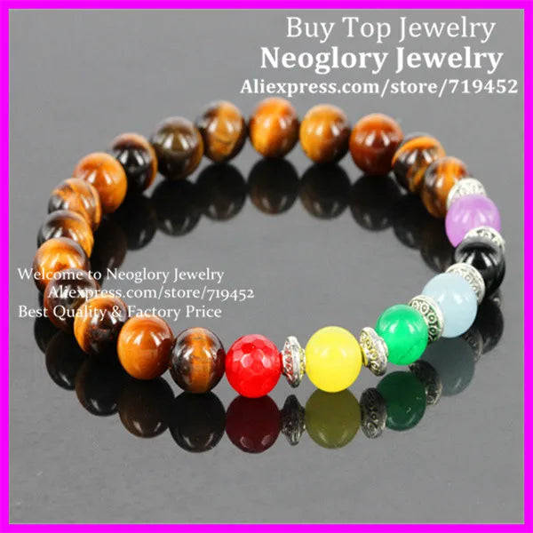 10PCS 8mm Tiger Eyes & Mix Stone Beads Bracelet Men Women Stretch Bracelet