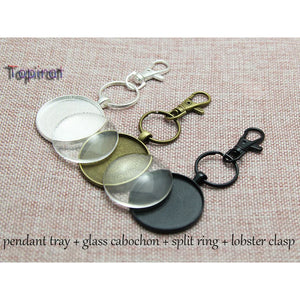10PCS Key Chain Kits Round Pendant Trays 38mm Blank+38mm Glass Cabochons