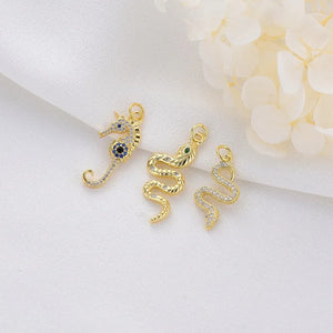 10PCS 14K Plated Zirconia Crystal Seahorse Snake Charms Pendant