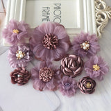 10PCS Mix Dark Purple Chiffon Rose Flowers Hair DIY Dress Decoration