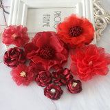 10PCS Mix Styles Wine Red Chiffon Rose Flowers DIY Hair Dress Hats Decoration