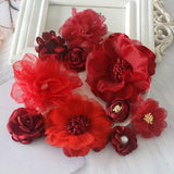10PCS Mix Styles Wine Red Chiffon Rose Flowers DIY Hair Dress Hats Decoration