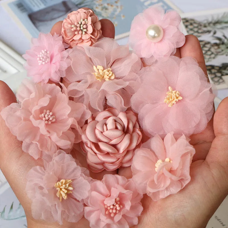 10PCS Pink Mix Chiffon Fabric Flowers Wedding DIY Accessories