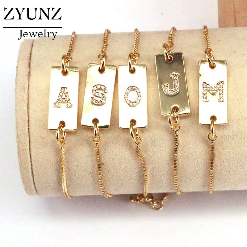 Metal Chain Bracelet CZ Initial Letter Bar Femme Jewelry