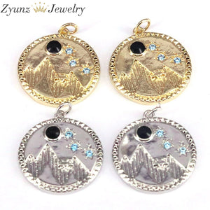 Micro Pave CZ Moutain Star Moon Coin Pendant, Cubic Zirconia Charm