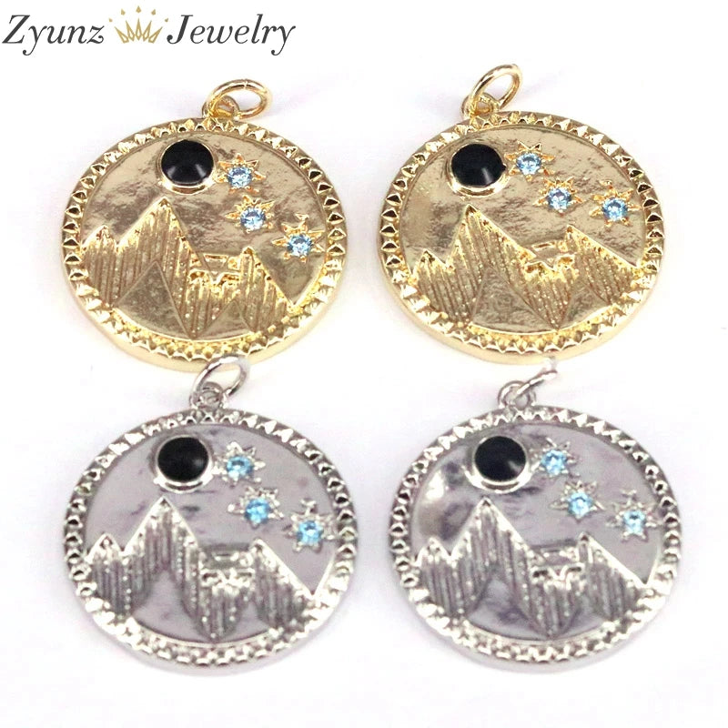 Micro Pave CZ Moutain Star Moon Coin Pendant, Cubic Zirconia Charm