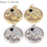 Micro Pave CZ Moutain Star Moon Coin Pendant, Cubic Zirconia Charm