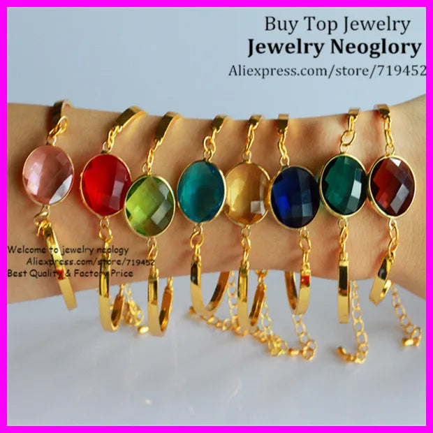10PCS Mix Round Glass Quartz Bezel Bracelet, Gold Bangle