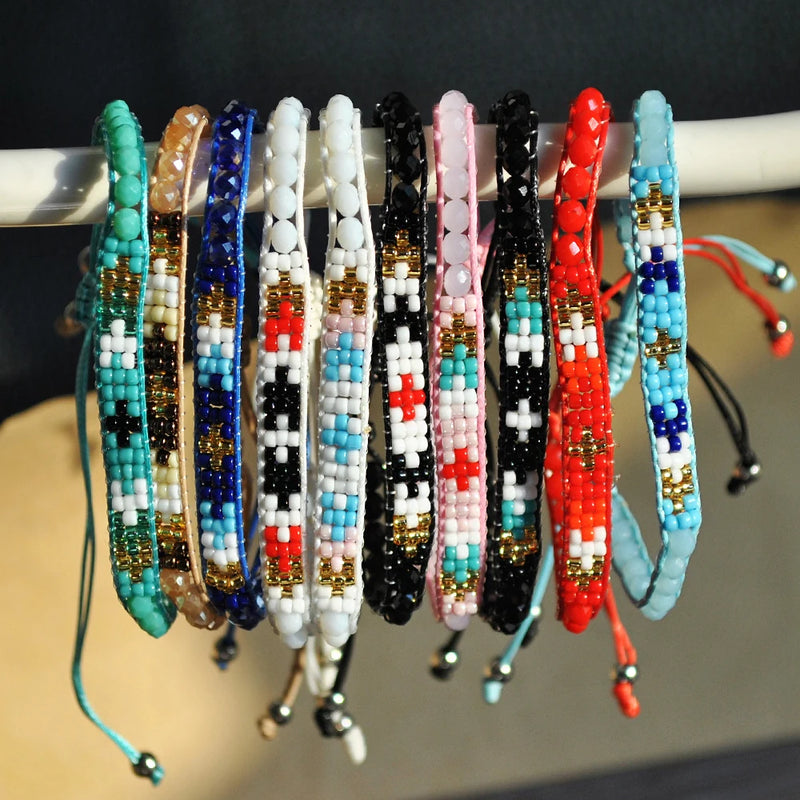 10PCS Boho Crystal Seed Bead Bracelets Adjustable Rope Colorful Jewelry