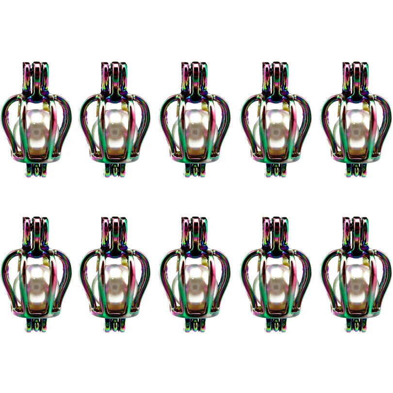 10PCS Rainbow Crown Charm Pearl Cage Locket Aromatherapy Diffuser Pendant