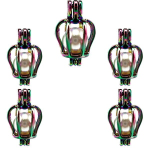10PCS Rainbow Crown Charm Pearl Cage Locket Aromatherapy Diffuser Pendant