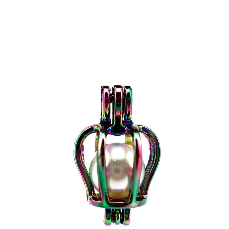 10PCS Rainbow Crown Charm Pearl Cage Locket Aromatherapy Diffuser Pendant